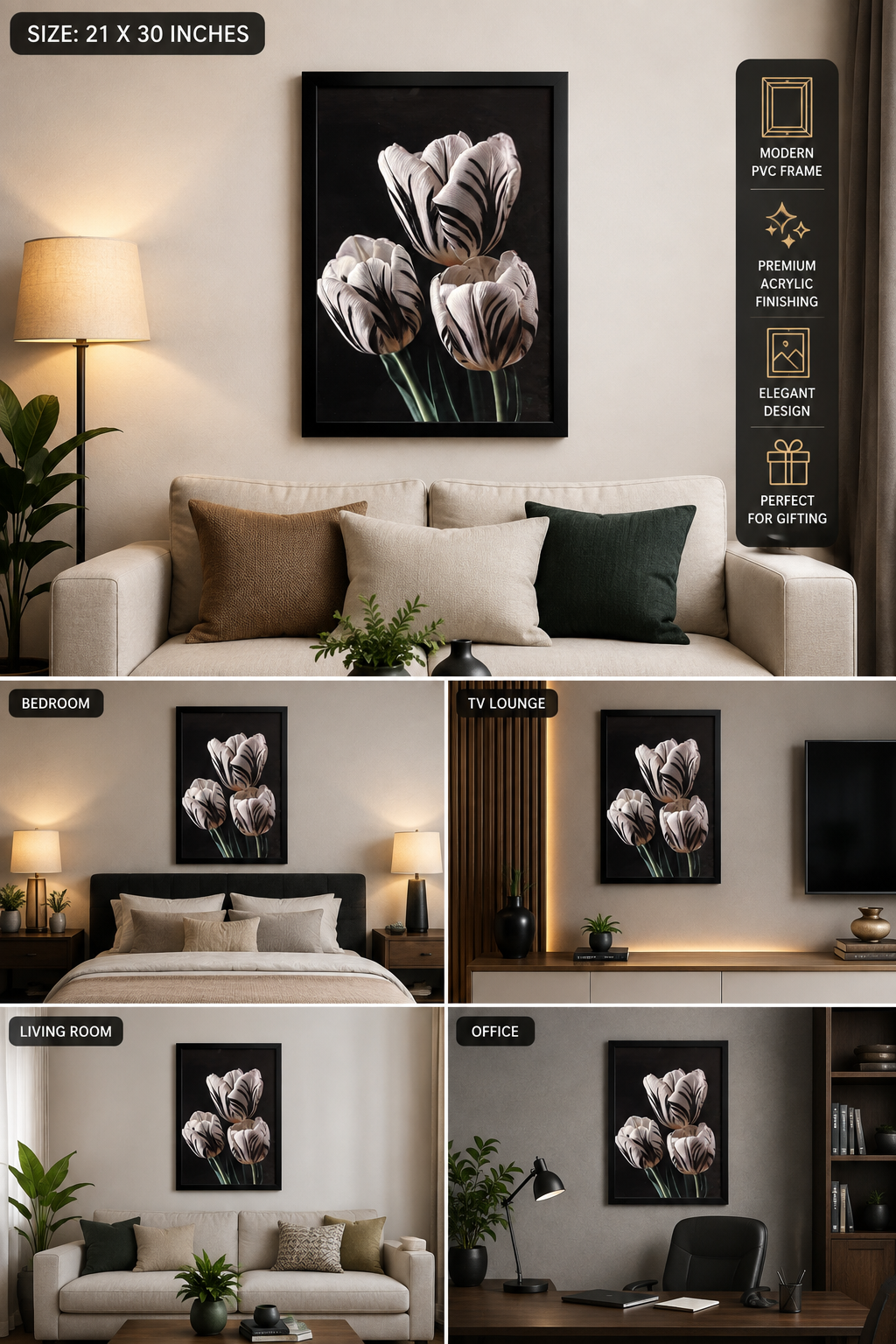 Premium White Tulip Wall Art 21x30 Inc